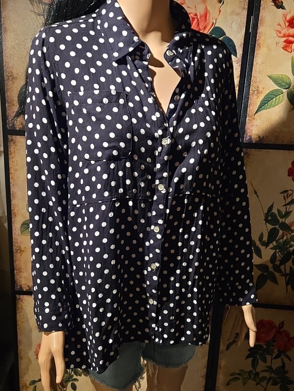 Westbound Navy Black and White Polka Dot Button-Front Shirt : XL : C